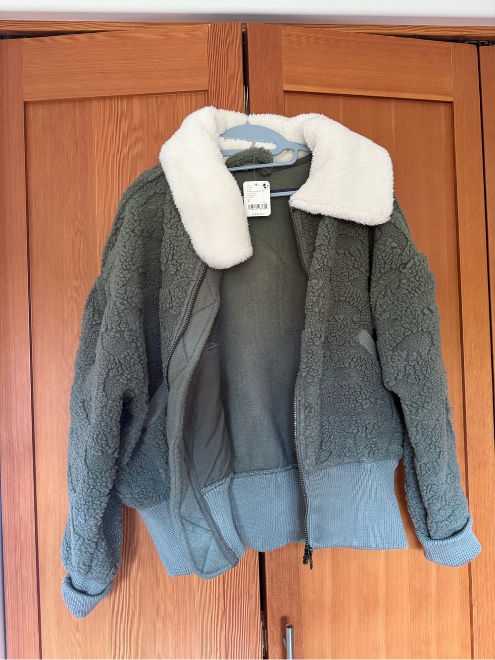 Free People Olive Green Sherpa Bomber Jacket with Cream Collar